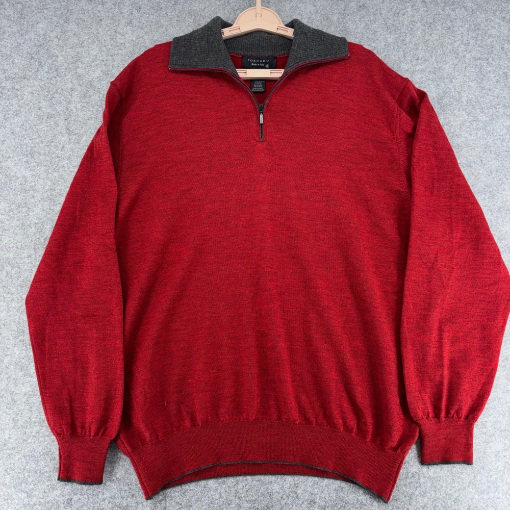 Toscano Mens XL Red 100% Extrafine Merino Wool Quarter Zip Sweater Made in Italy